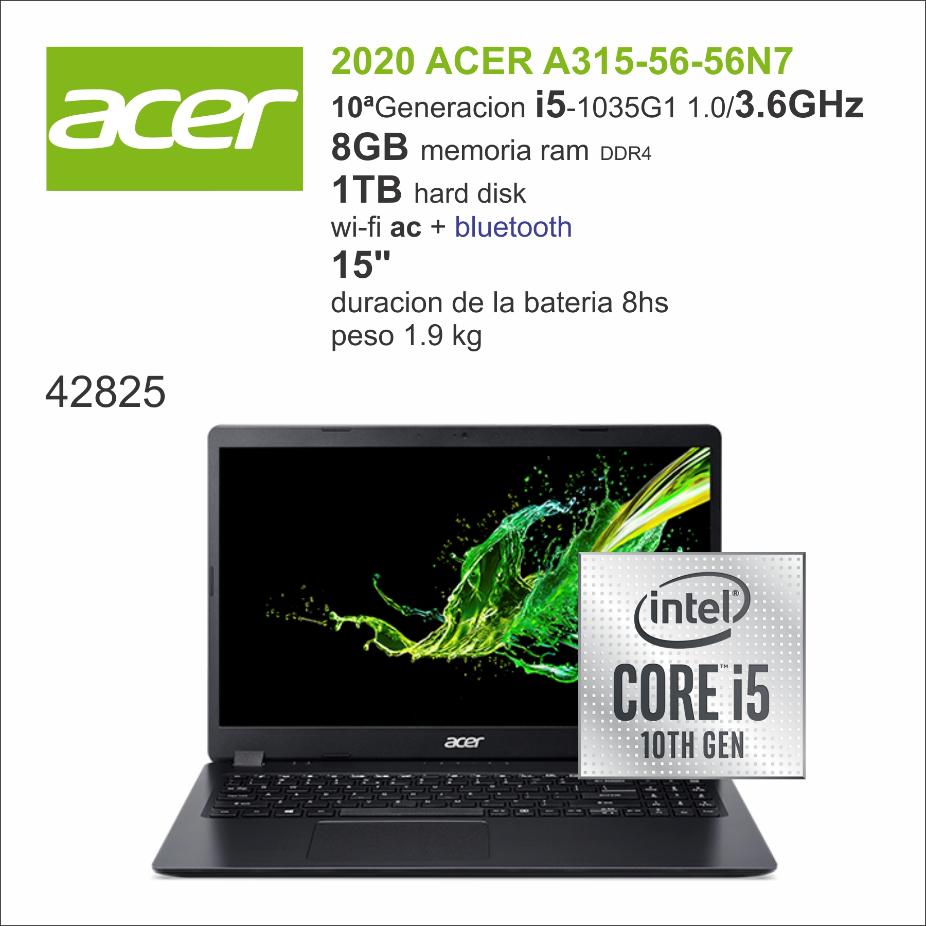 PC Portable 8GB Ram 3.60 GHz 1TB HDD i5-1035G1 Acer ASPIRE 3-A315