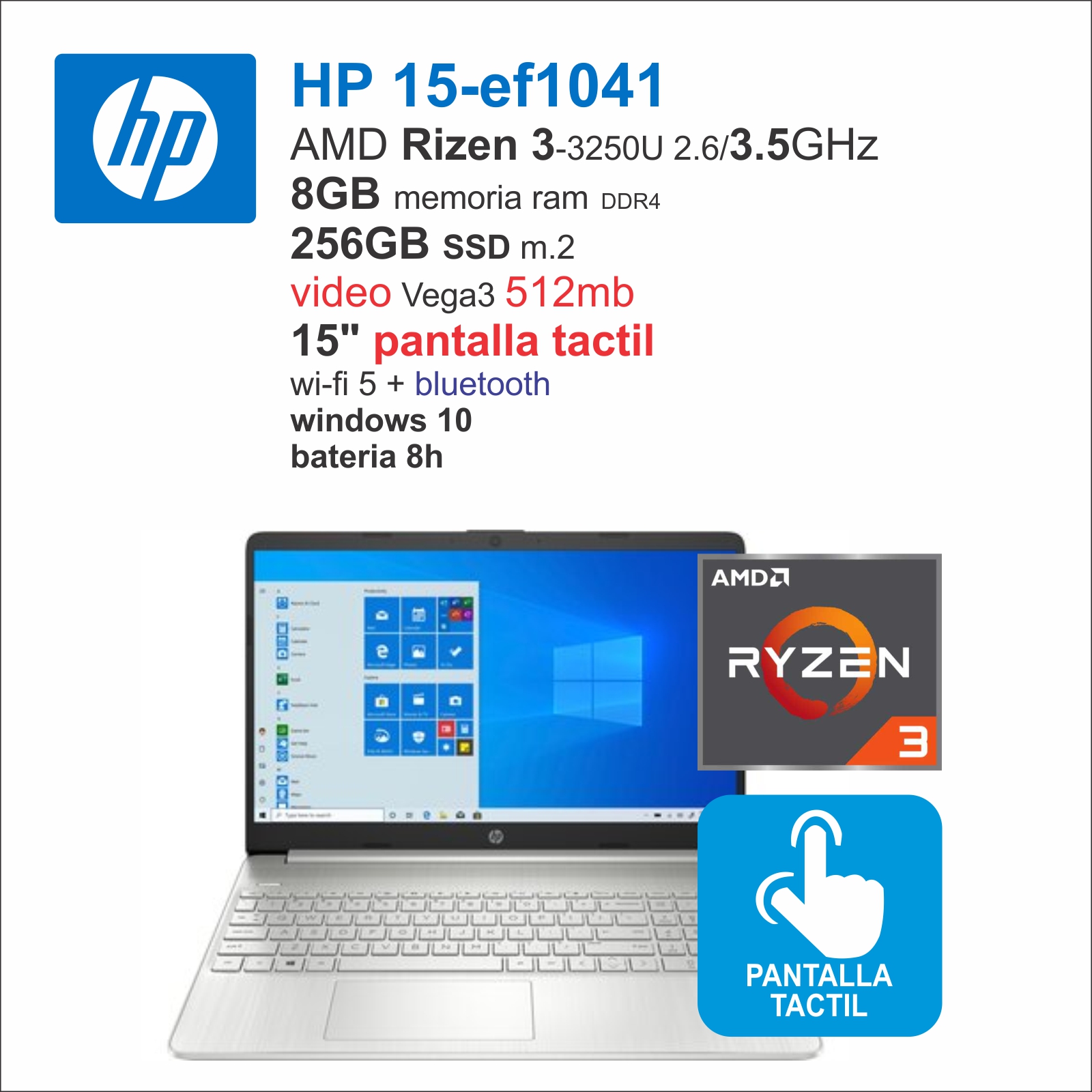 Hp Amd Ryzen 3 3250u 15 Ef1041 8gb Memoria 256gb Ssd 15 Pantalla Tactil 0871